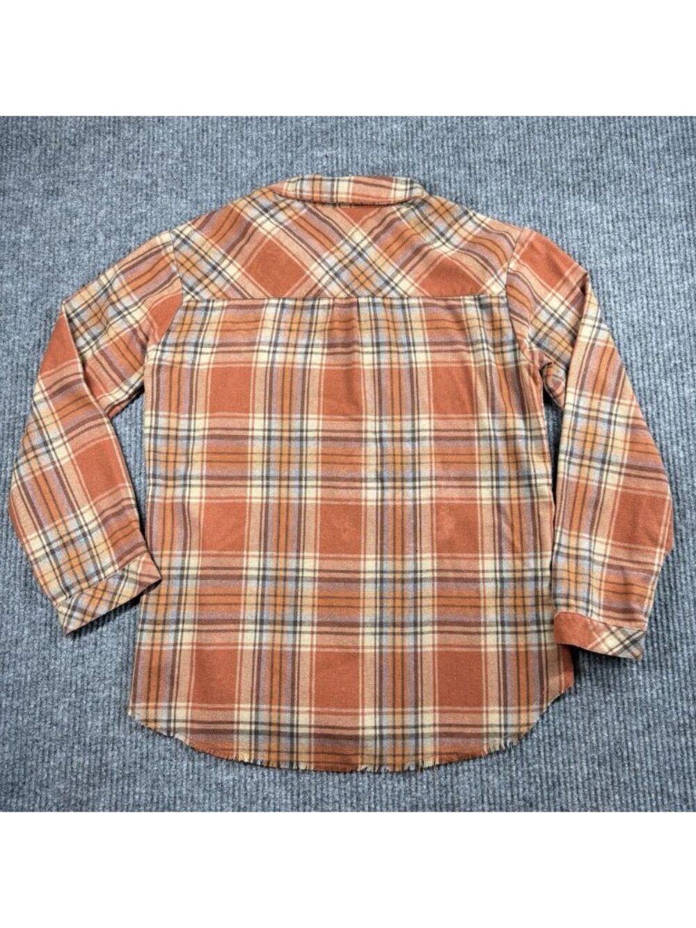 Democracy Flannel Top Womens Large Burnt Orange Plaid Button Front Raw Hem - Picture 2 of 6